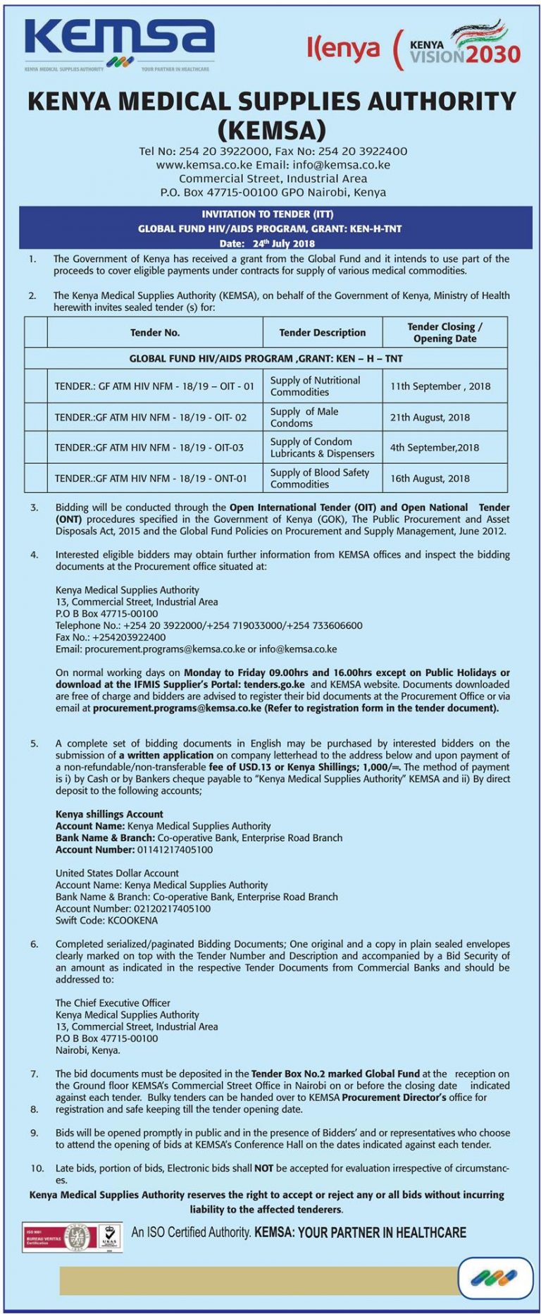 advertnew Kenya Medical Supplies Authority KEMSA