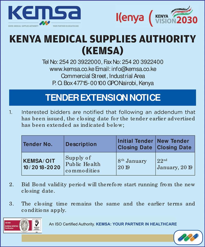 tender extension notice Kenya Medical Supplies Authority KEMSA