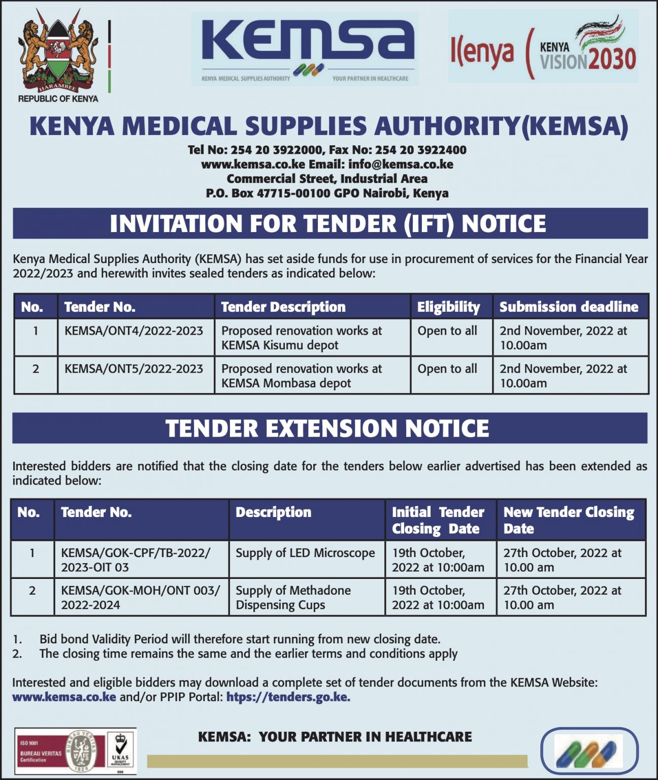 Tender Advertisements – Kenya Medical Supplies Authority – KEMSA